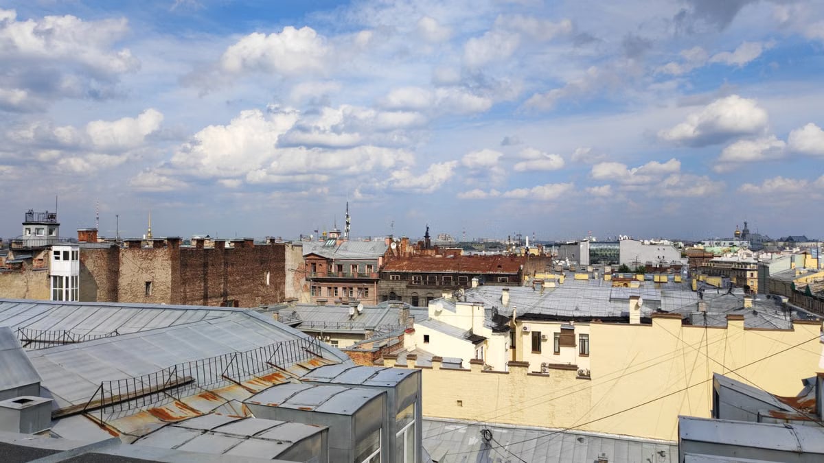 A scenic rooftop view over the historic buildings of Saint Petersburg, Russia.